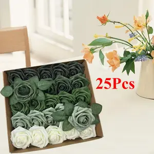 25Pcs Artificial Flowers 3" Roses in Emerald Green Shades, Realistic DIY Foam Floral Fill for Wedding Bouquets/Centerpieces, Outdoor Party Backdrops, Room/Table, Garden/Pot Decorations