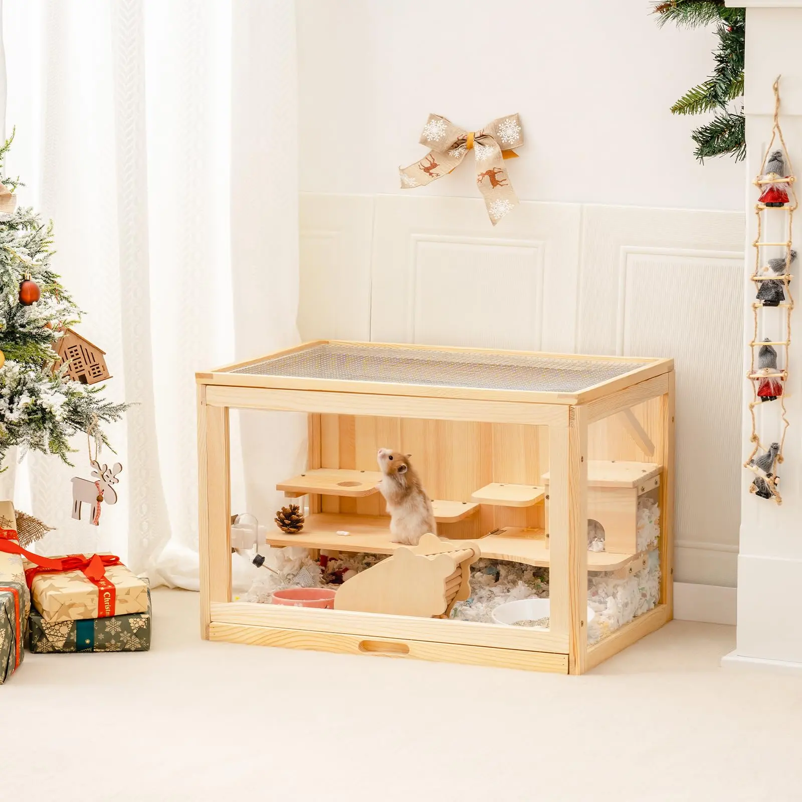 Mewoo Wooden Hamster Cage for Dwarf Hamsters Large Acrylic Hamster Cage and Habitats with Hideout & Shelf & Ladder, Small Animal Cage for Guinea Pig Rat Mouse Gerbil (23.6" L x 15.7" W x 15.7" H)