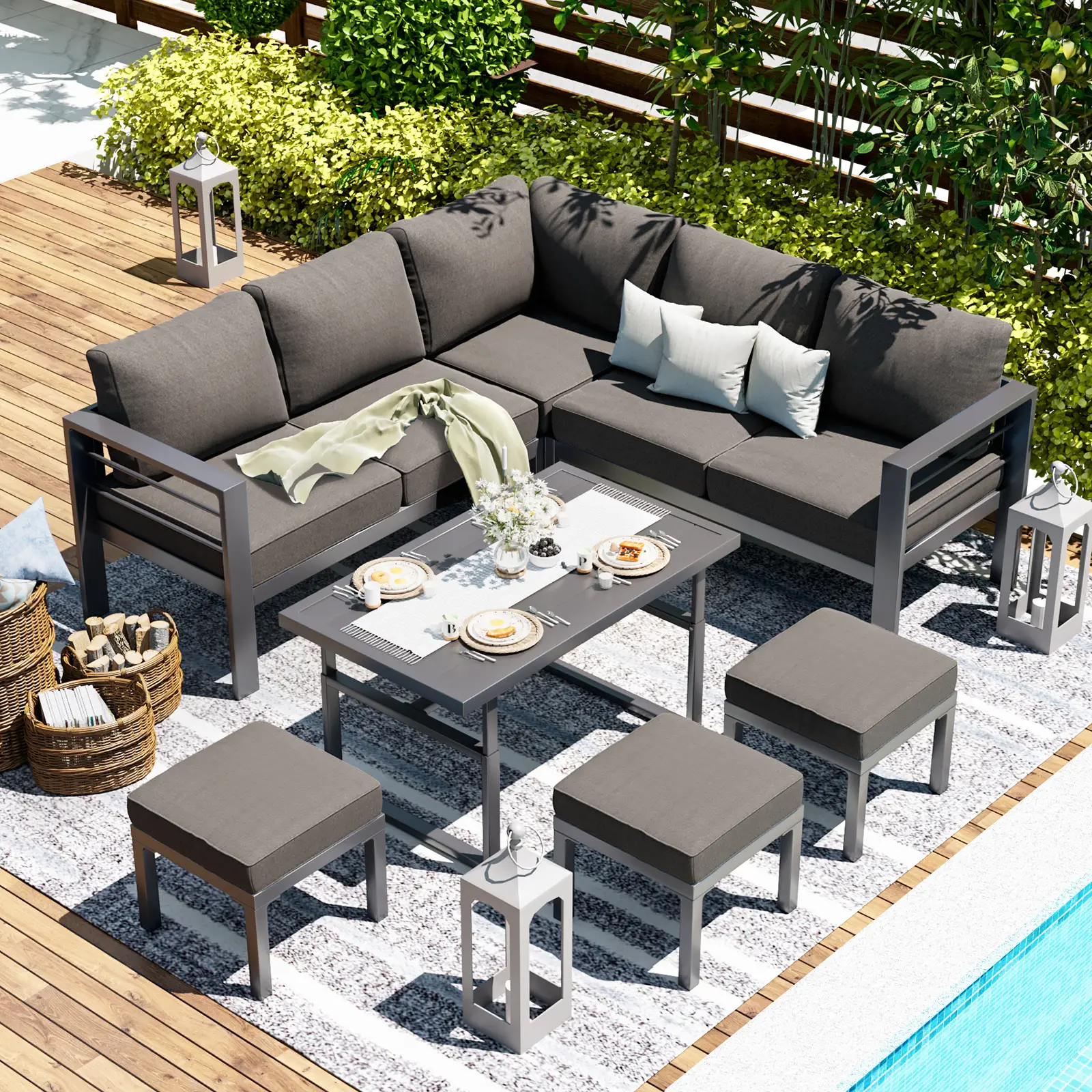 Aluminum Patio Furniture Set Modern Metal Outdoor Clearance Adjustable Conversation Table and Chair Set Couch Sofa with Dual Height Options and Easy M