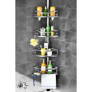 Corner Shower Tension Pole: Rustproof 4-Tier Organizer Shelves for Shampoo - 47-121 Inch Quick Install Rod Standing Rack with Soap Rack - Silver Gray