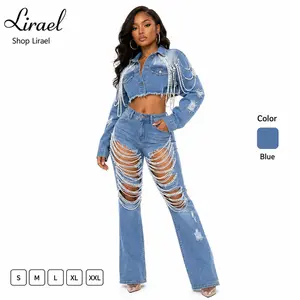 Y2K Pearl Chain Cropped Denim Jacket |   Distressed Blue Jean Top For Women, Fringe Streetwear Party Outfit