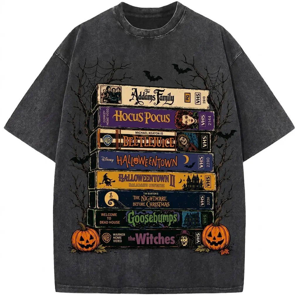 Vintage Halloween VHS Stack Washed Graphic T-Shirt, Hoodie & Sweater - Retro Spooky Season Movie Tee, Funny Horror Halloween Shirt Gift for Men & Women