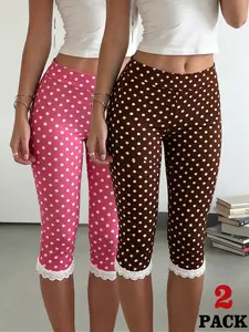 Women's 2 Pack 2026 TikTok Trendy Fashion Polka Dot Lace Trim Capri Leggings, Y2K Cute Slim Fit Cropped Pants, Bodycon Stretchy Casual Pants, Streetwear Summer Capris for Music Festival, Retro Multi-Color Capri Pants for Teen Girls