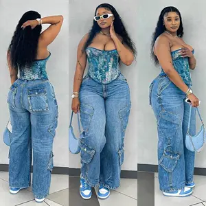Women's casual fashion loose light blue multi-pocket versatile straight-leg jeans high-waisted wide-leg jeans autumn and summer new retro workwear street