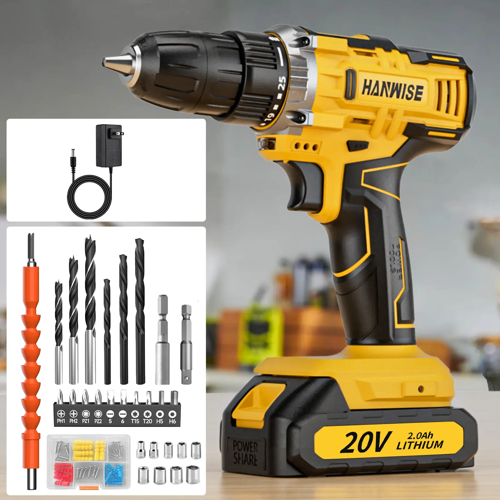 Cordless Lithium Drill Set (20V-12V Options) - Cordless Drill Tool, LED Light, 25+1 Adjustable Gear Settings for Home Repairs, DIY Projects
