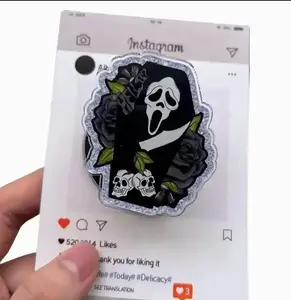 Funny Ghost Face Coffin MagSafe Grip – "Hell?" Quote Glitter Art, Spooky Horror Movie Aesthetic, Gothic Phone Accessory for Her.