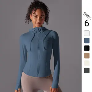 New double-sided nylon solid color zippered pocket hooded sports jacket for running, fitness, and yoga, long-sleeved jacket for women