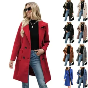 Women's Trendy Wool Blend Mid Long Coat Elegant Double Breasted Lapel Jacket Sophisticated Warm Outerwear Fall Winter Styling Fashion Red