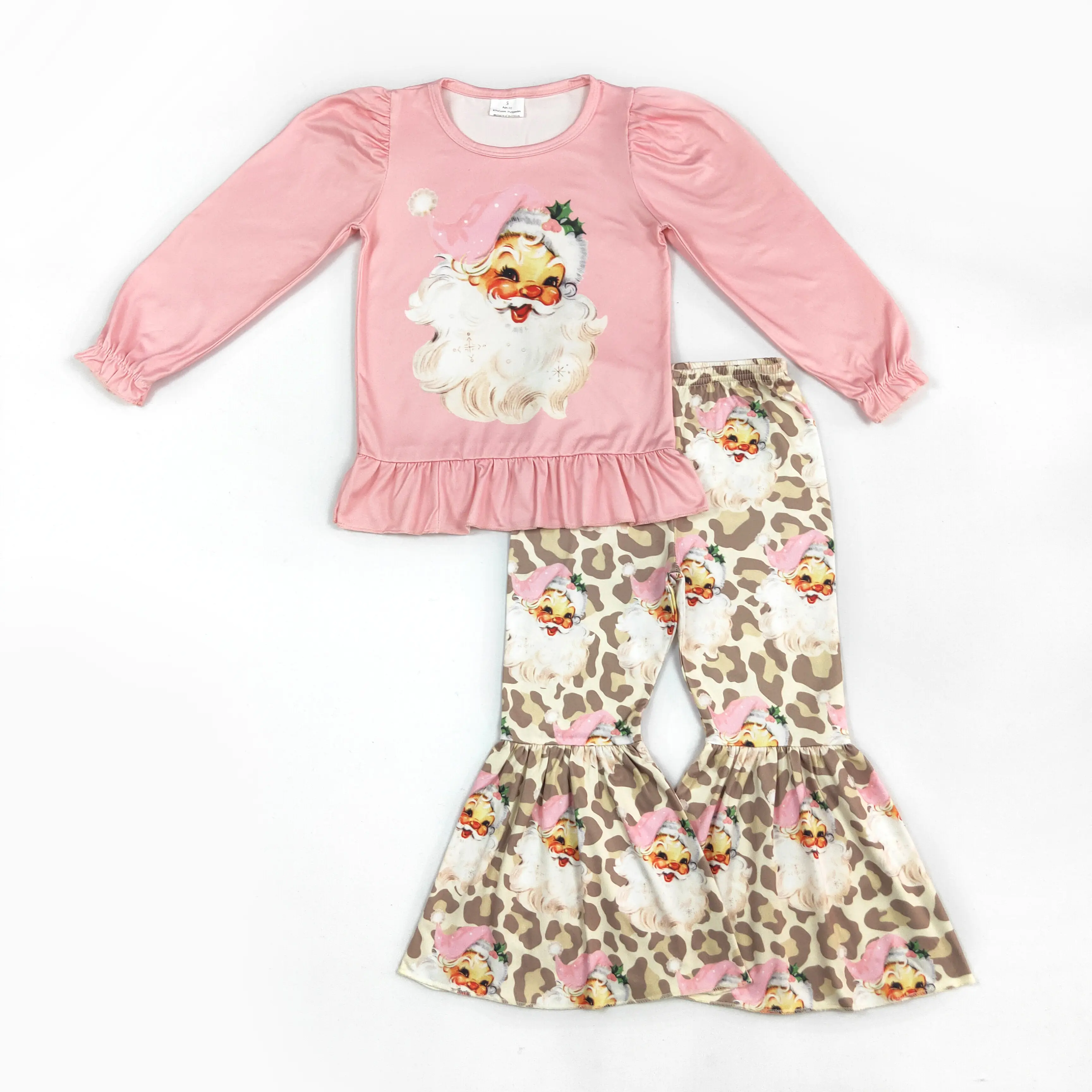 Girls' Christmas 2-Piece Casual Outfit Set, Girlclothes Round Neck Set with Pink Leopard, Blue Santa Print & Bell Pants