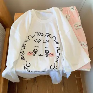 Anime Usag Hachiware Summer thin pajamas round neck Loose long-sleeved shirt and pants Cute cartoon pattern household clothes