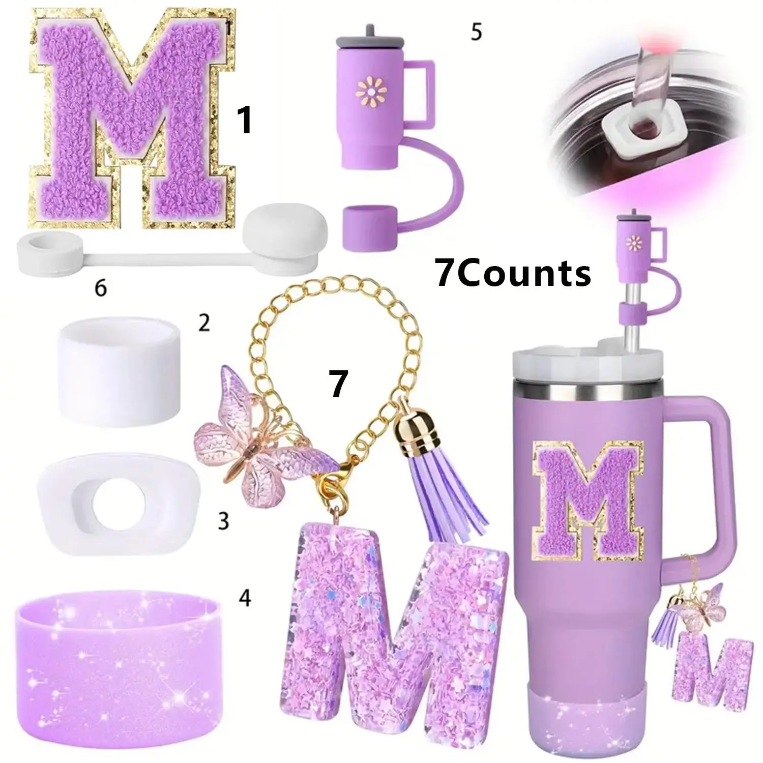 Letter Pattern Tumbler Accessories, 7 Counts/set Including Tumbler Cup Plug Stopper, Straw Cover, Tumbler Handle Chain, Tumbler Cup Accessories withou