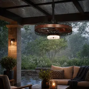 20 Inch Outdoor Caged Ceiling Fan with Light, IP44 Waterproof Rated, Quiet 6-Speed Reversible DC Motor, Remote & App Control with 1/2/4H Timer, Perfect for Small Porch Patio Decor