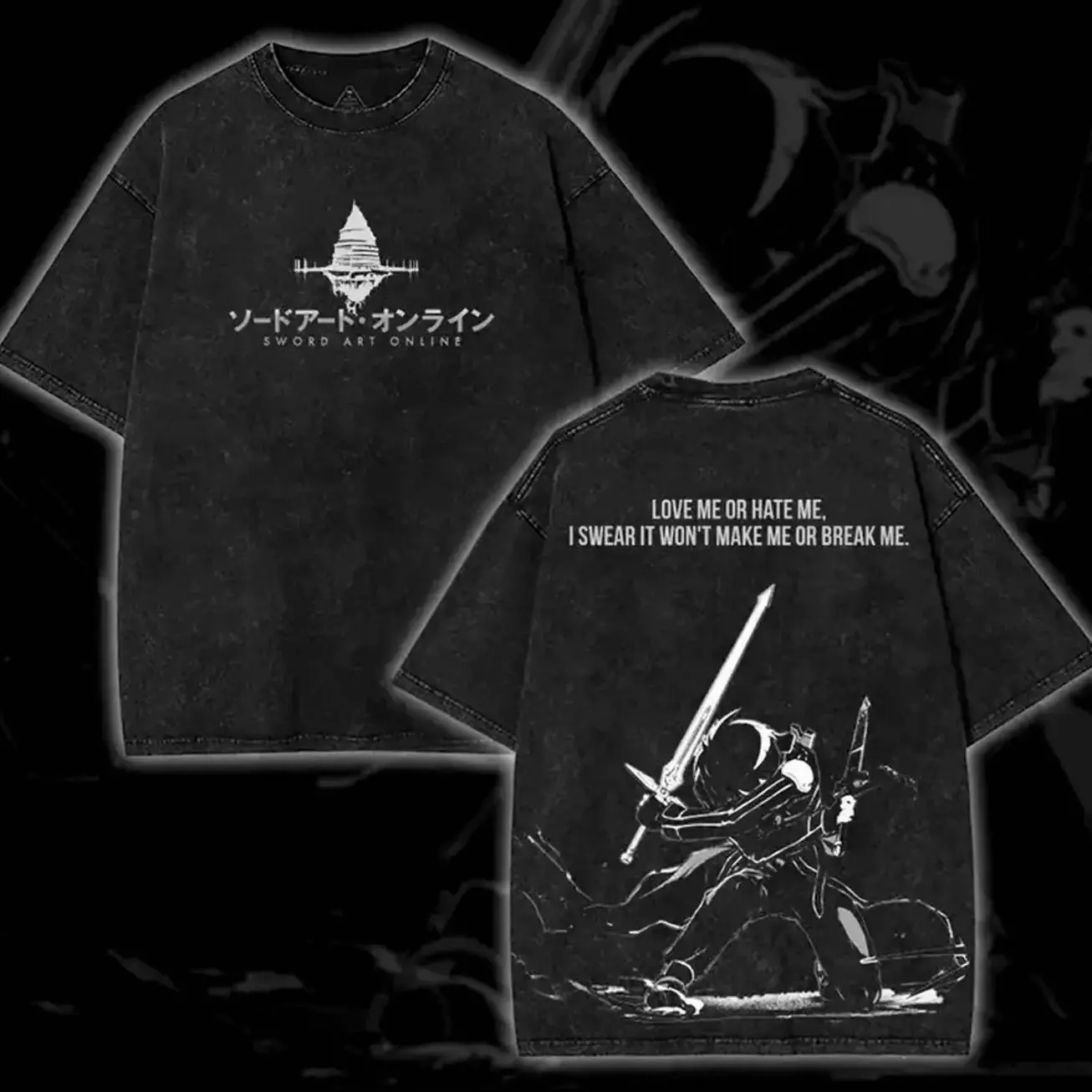 Sword Art Online SAO Kirito The Black Swordsman Japanese Retro Vintage Unisex Oversized Anime Graphic Tee – Trendy Y2K Acid Washed Double Printed Cotton T-Shirt, Outfits for Men, Manga Game, Oversize Shirt, Vintage Outfit, Gift for fan FFH
