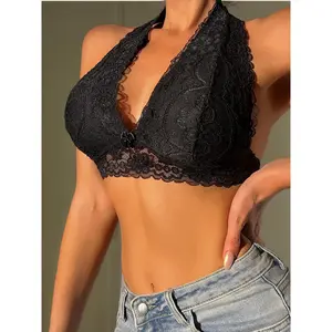 comfortable everyday lingerie seamless  pushup no wire full cup Viomisha Floral Lace Halter Bralette for Women Unpadded Wirefree Lace Bra Halter Crop Top with Hook and Eye Closure Back#A561-1 Light Womenswear Breathable Day Elastic White  bra