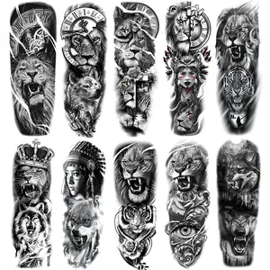 10 Waterproof Temporary Tattoos of Henna Designs, Lions, Tigers, Wolves, and Broken Clock Crown, Unisex Gift Idea for All Occasions