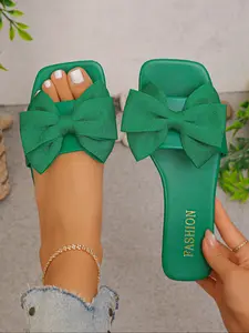 Women's Bright Orange Large Bow Decor Square Toe Flat Slide Sandals, Tropical Energetic-Chic Style, Vibrant Beach Slides #TropicalEnergeticShoes, #OrangeBowSlides, #BeachVibesSlides