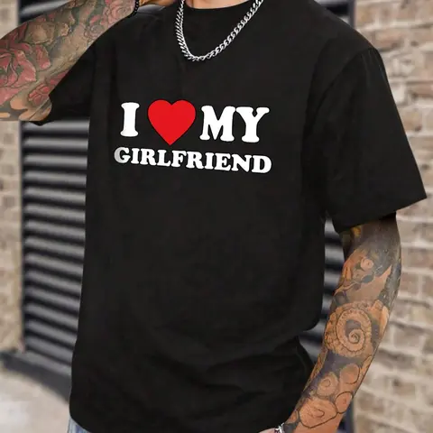 Men's Letter & Heart Print Round Neck Tee, Regular Fit Casual "I Love My GF" Print Short Sleeve T-shirt For Summer, Men's Top For Daily Outdoor