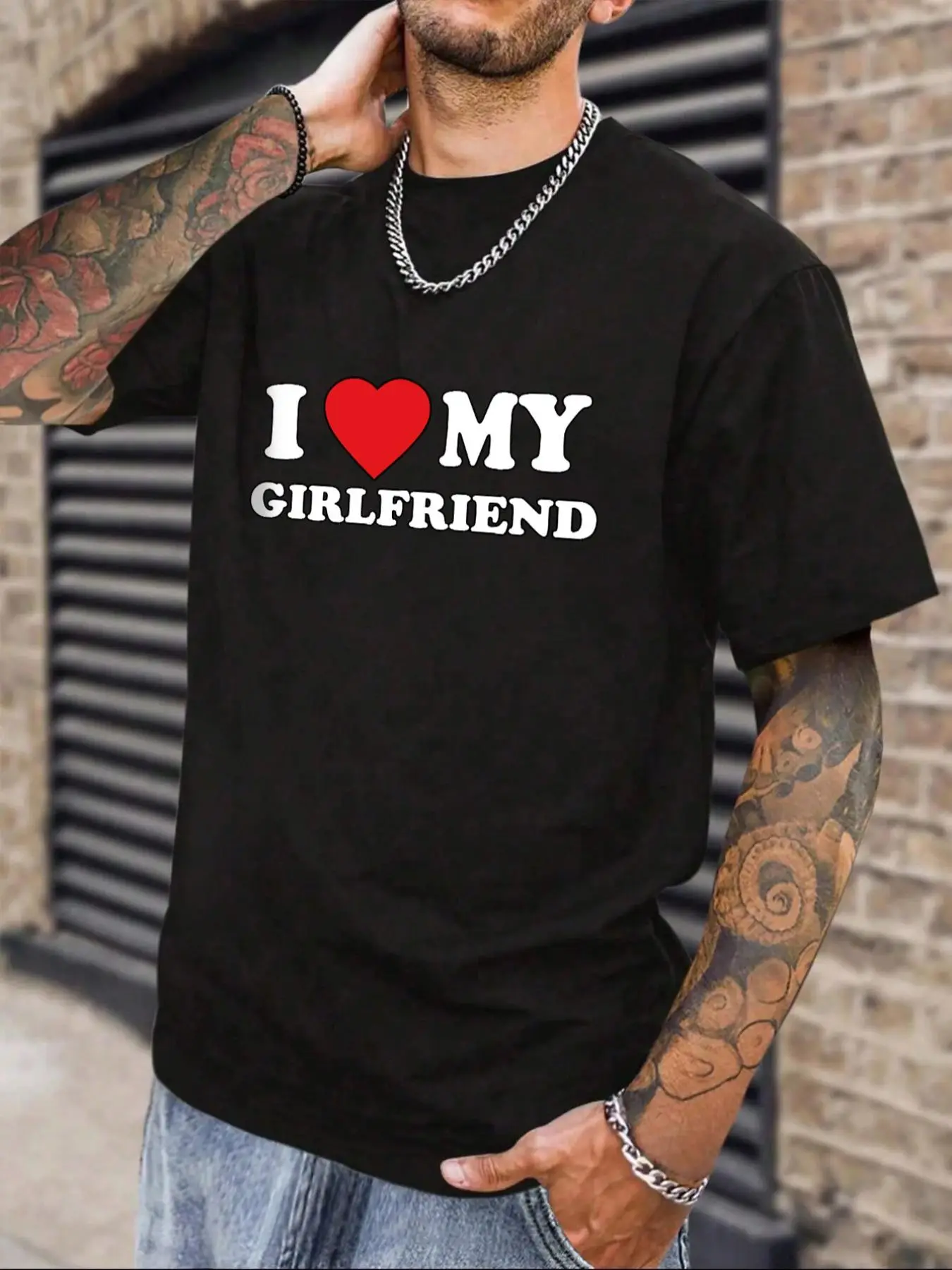 Men's Letter & Heart Print Round Neck Tee, Regular Fit Casual "I Love My GF" Print Short Sleeve T-shirt For Summer, Men's Top For Daily Outdoor