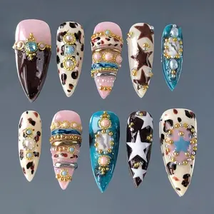 Western Glam Press On Nails Turquoise Stone Leopard Star Style Gold Charm And Pearl