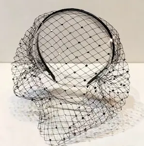Vintage European-American Female Headband Set - Fabric Mesh Hair Hoop with Water Diamond, Pearl Veil, French Acetate Pins, Bridal Tea Party Hair Accessory for Face Covering cuban link chain