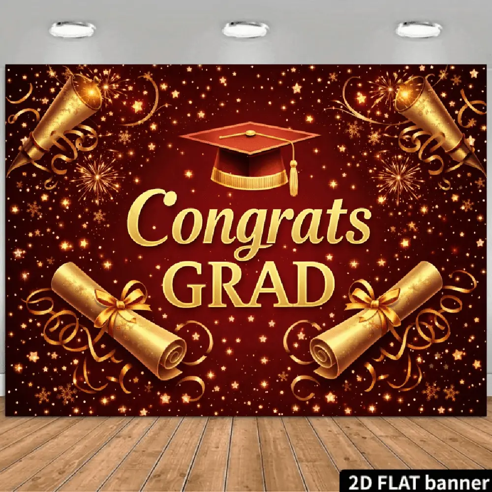 2D Flat Banner Red Gold Graduation Photography Backdrop, HD Printed Polyester Photo Background Cloth with Congrats GRAD Text, Graduation Cap, Diploma, Stars, and Fireworks for High School College Senior Grad Party Celebration, Stu