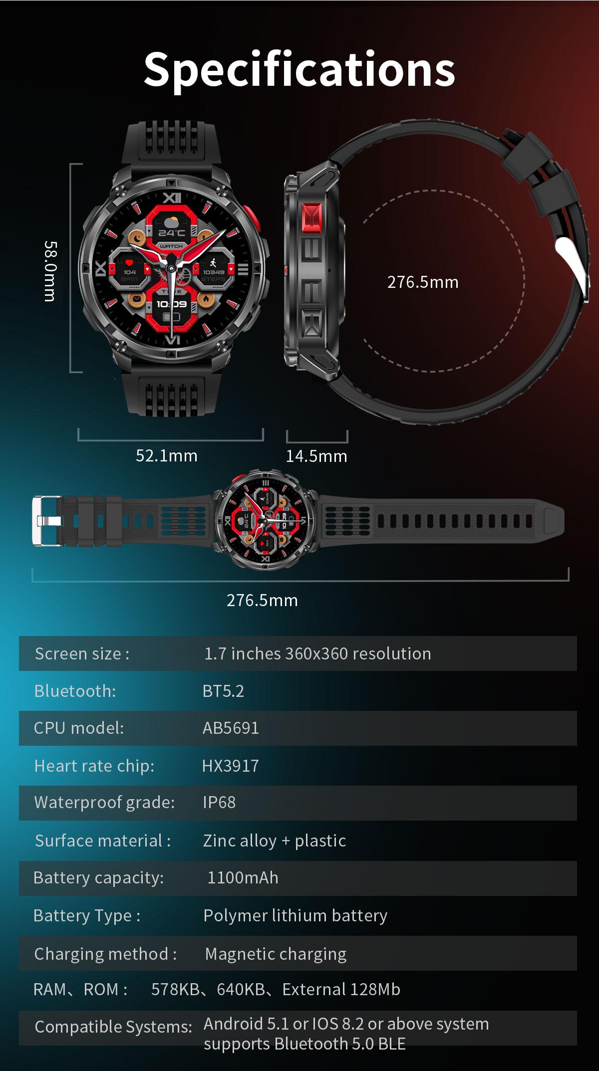 Military Smartwatch for Men, LED Flashlight BT Call IP68 Waterproof Heart Rate Fitness Pedometer Android/iOS Compatible - Ideal for Hunting Hiking Extreme Sports