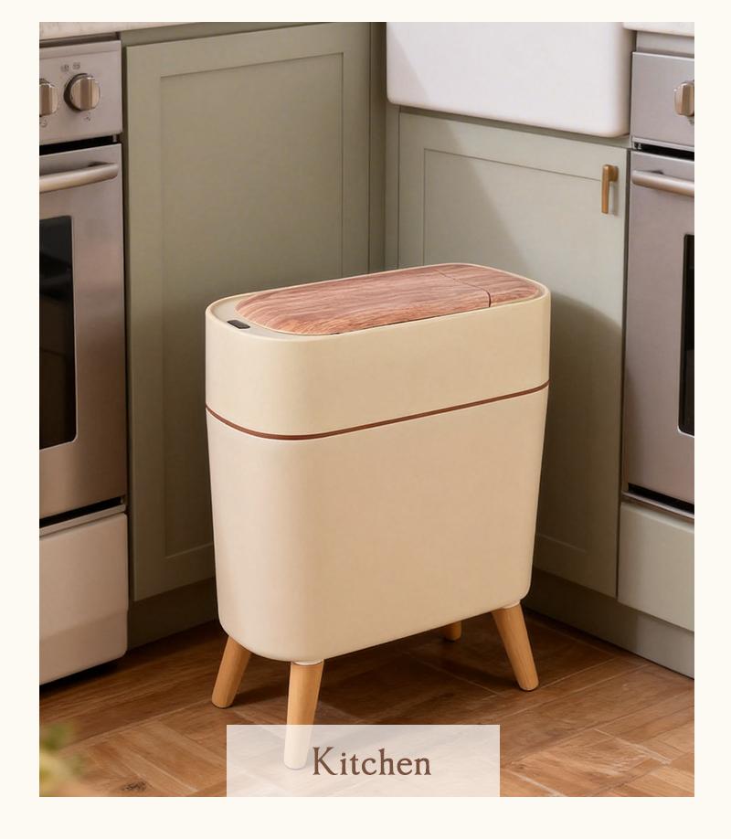 Pukomc Wood Grain Motion Sensor Trash Can, Modern Touchless Garbage Bin with 4 Legs, Ideal for Kitchen & Living Room