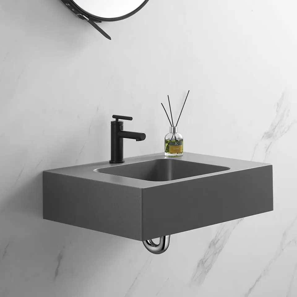 Bathroom sink, Wall-Mount or Countertop Install, 26" Solid Surface in Matte Gray with Single Faucet Hole, SVWS602-26GR