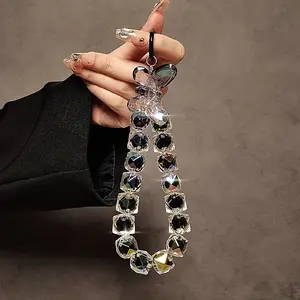 Fashionable Black Butterfly Diamond Pattern Acrylic Bead Mobile Phone Lanyard - Wrist Strap with Transparent Clip, Ideal for Phone Cases, Keychains