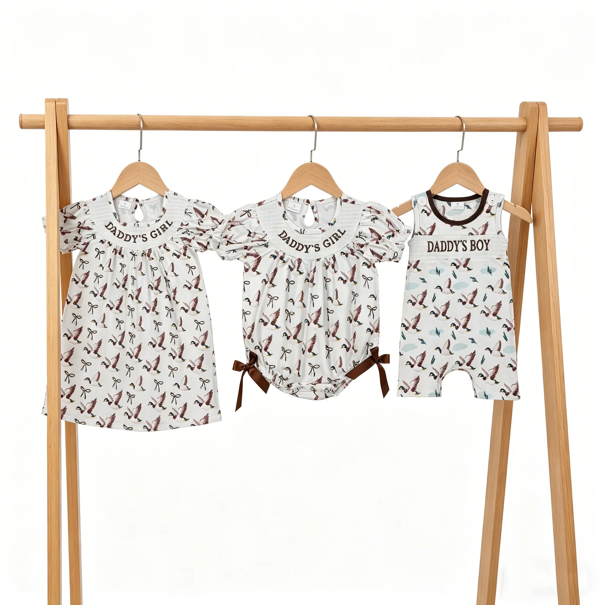 Baby Girls Daddy's Girl Smocked Embroidery Mallard Duck Bow Stretchy Knee Length Dresses Matching Boys Rompers