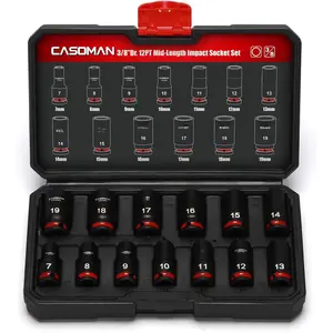 13-Pieces 3/8" Drive Mid-Length  Socket Set, 12-Point, Metric, 7mm - 19mm, CR-MO Steel, with Storage Case