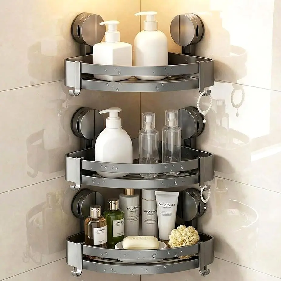 New Wall-Mount Triangle Shower Organization Shelf Stands, 3-Second No-Drill Install Aluminum Bathroom Organizer with Drainage, Built-in Hooks, Upgraded Vacuum Suction Cups, Upgradelifestyle (Note: Follow Usage Scenarios, Installation Steps & Press Firmly)