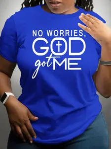 【Plus Size】 Letter Print Round Neck Tee, Fashion Casual Crew Neck Short Sleeve T-shirt for Daily Outdoor Wear, Women Plus Clothing for All Seasons