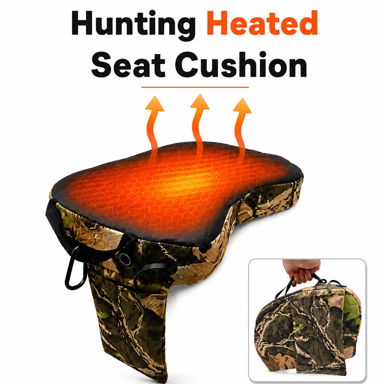 Portable Foldable Heated Hunting Seat Cushion, 3 Heat Settings and Fast Heating, USB-Powered Oxford Cloth Outdoor Seat Pad with Carry Handle and Hook, Works with Power Banks for Hunting, Camping, Fishing and Stadiums, Compatible With Power Banks