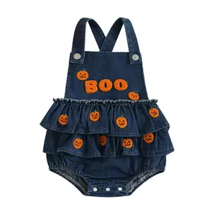 Baby Girl Halloween Denim Romper Pumpkin/Ghost Embroidered Sleeveless Ruffled Overalls Jumpsuit Cute Fall Clothes
