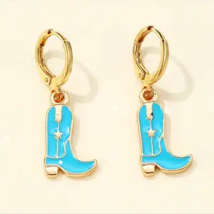 Turquoise Western Cowgirl Gold Enamel Boots Design Dangle Earrings