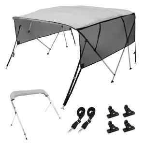 4 Bow Bimini Top Boat Cover With Detachable Mesh Sidewalls, 600D Polyester Canopy, 1-Inch Aluminum Alloy Frame, Includes Storage Boot, 2 Straps, 2 Support Poles, Dimensions 8 Ft L x 54 In H x 85-90 In W, Light Grey, UV Resistant