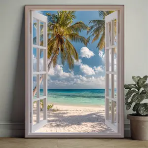 1-piece set, includes frame, 30.48X 40.64cm [2D flat] Humorous comic style canvas art, depicting the view outside a tropical beach, a seaside paradise print, tranquil wall decoration, featuring an ocean coast and palm trees poster-2F8153Hp2298