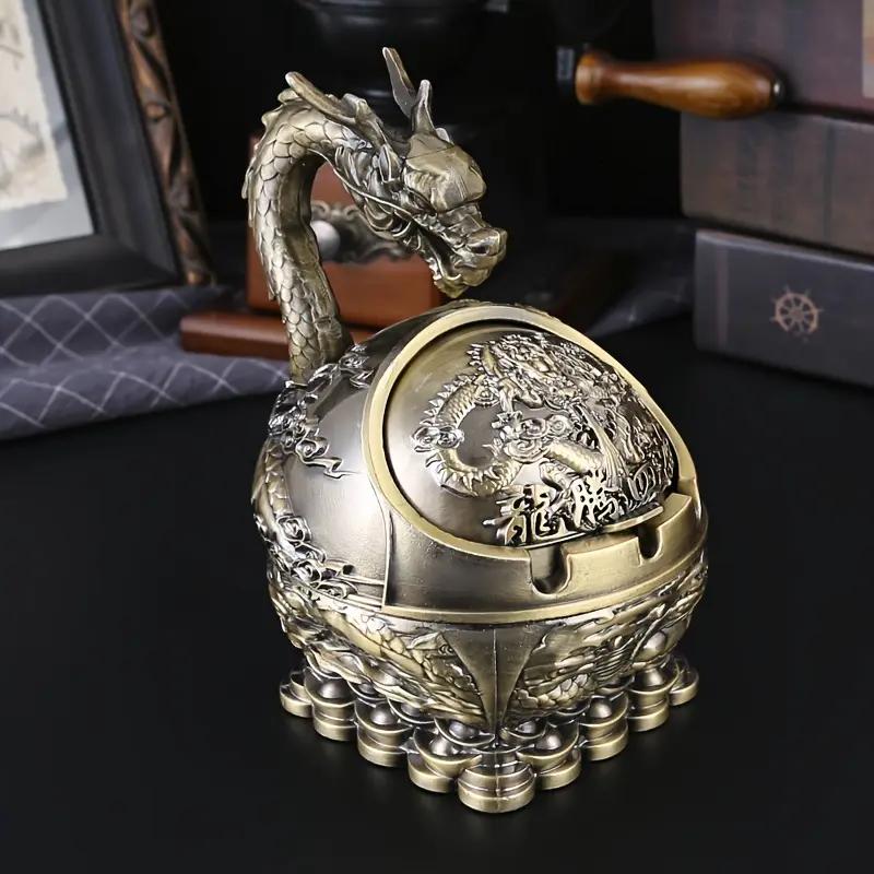 1pc Elegant Vintage Dragon Metal Ashtray - Intricate Carvings, Round Ball Design, Ideal for Home Decor, Great Gift for Men and Women Lighter Mouse