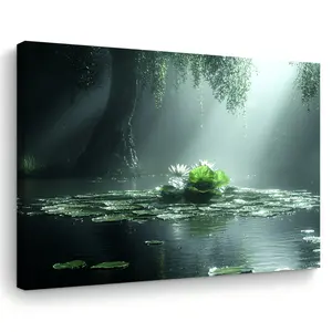 A Tranquil Lotus Lake Canvas Wall Art, Wooden Frame Natural Print, Suitable for Living Room, Bedroom, Office-Bachelor Party Decoration, Unique Gift Idea, Woven Artwork,