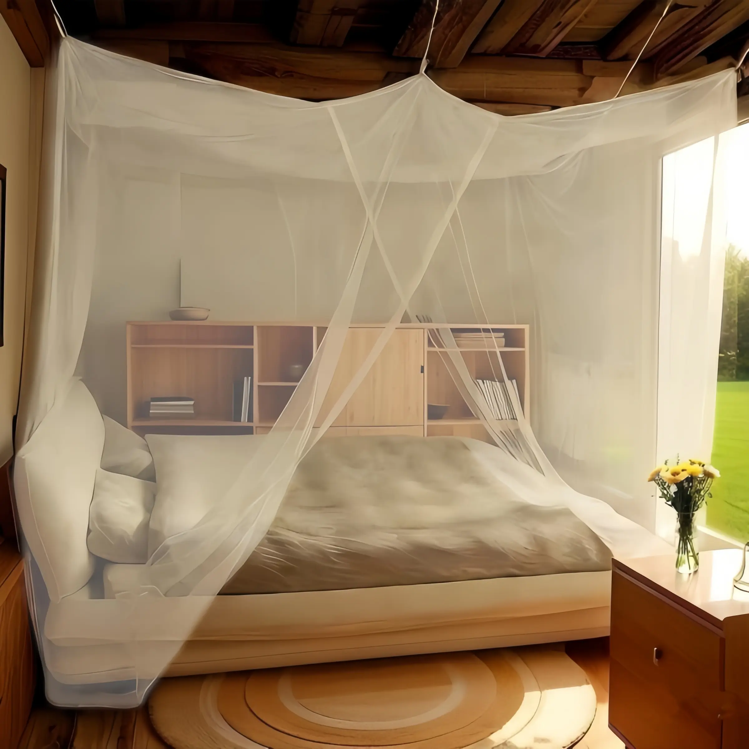 2-Opening Soft Breathable Mesh Canopy Mosquito Net, Double Left/Right Doors, White Bed Curtains for Queen/King Size Beds, Kids Room, Nursery, RV, Lightweight Easy In & Out Bug Protection