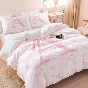 🎀 2/3Pcs Pink Bow & Monogram Design "A-Z" Print Duvet Cover Set, Soft Microfiber Comforter Cover with Pillowcases, Coquette Aesthetic Bedding Set for Bedroom & Dorm Decor, Ideal Gift for Girls & Women - No Filling