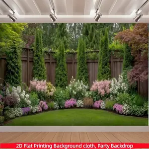 2D Flat 1pc English Country Garden Backdrop Banner, Wooden Fence Flower Bed Evergreen Tree Photography Background, Ideal for Outdoor Wedding, Garden Party, Nature Photo Shoot Decor, Multiple Sizes Available