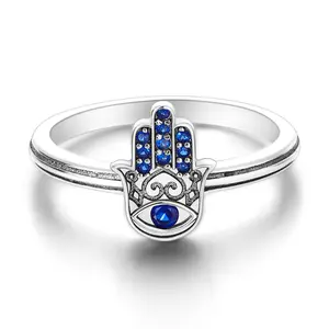 Hamsa Evil Eye Ring 925 Sterling Silver, Blue Gems, Hamsa & Evil Eye Design Jewelry, Daily Wear，Women High-End Aesthetic Jewelry Gift