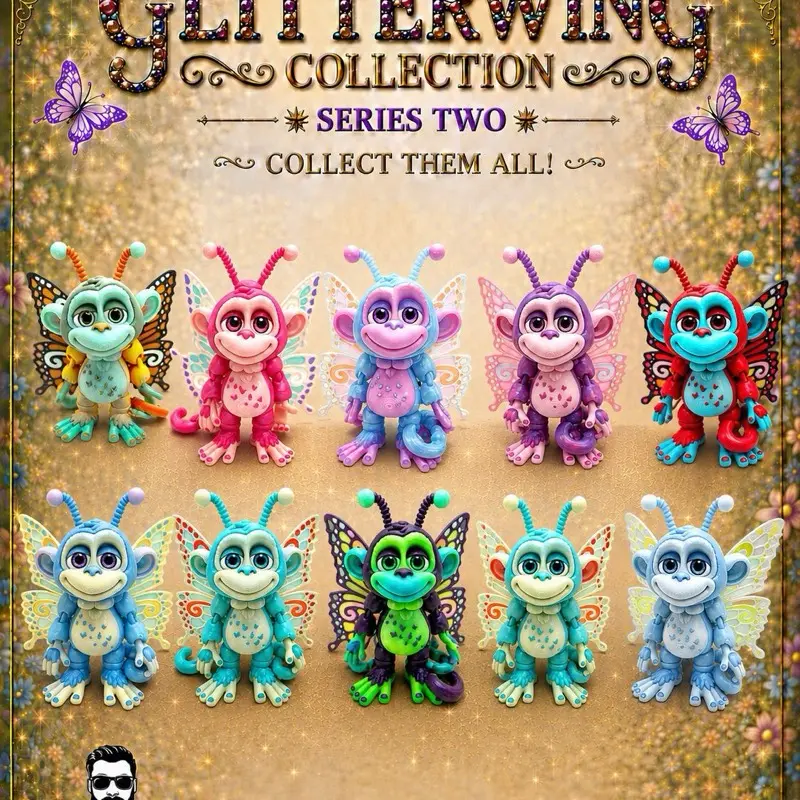 6.5" GlitterWing Butterfly Monkey Figurine | Articulated 3D Printed Collectible with Authenticity Card