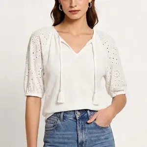Women's Eyelet Puff Sleeve Waffle Knit Top, Cute V-Neck Tie Blouse, 2026 New Summer Short Sleeve Casual Tee, Fashion Trendy Solid Soft Shirt 2026