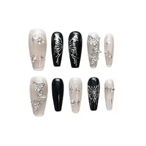 Chic Beige-Black Medium Coffin Press On Nails With Butterfly, Crystal And Star Decorations, Handmade Reusable Acrylic Fake Nails For Luxe Style