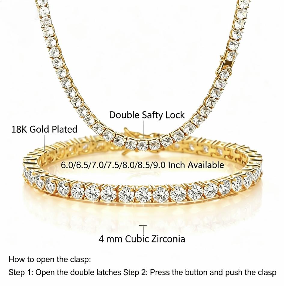 14k gold-plated 6mm European and American hip-hop style diamond tennis necklace, a fashion jewelry for boys and girls, casual and versatile, luxury items