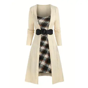 【Plus Size】Plaid Patchwork Print Textured Square Neck  2 IN 1 A Line Dress, Casual Long Sleeve Dress for Fall & Winter, Women's Clothes for Daily Wear, Womenswear（gift） Floral Aesthetic