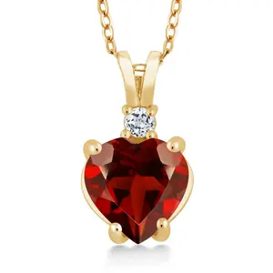 Gem Stone King 14K Yellow Gold Red Garnet and White Topaz Pendant Necklace For Women (2.08 Cttw, Gemstone Birthstone, Heart Shape 8MM, With 18 Inch Chain)